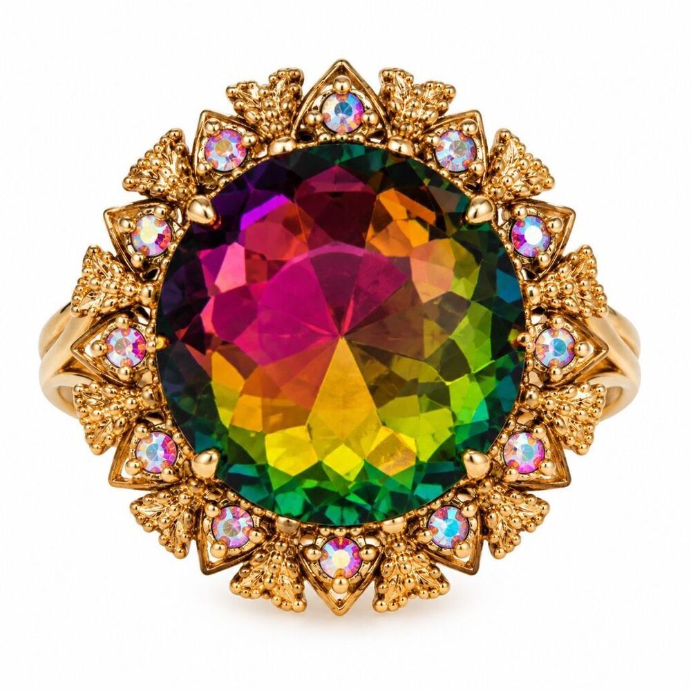 Oversized Rainbow Volcano Crystal Gold Tone Rhinestone Statement Cocktail Ring